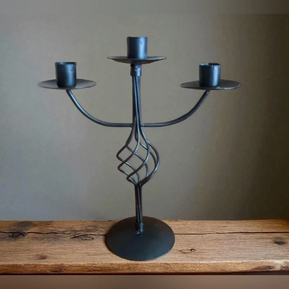 Elegant Black Metal 3-arm  Candelabra Set